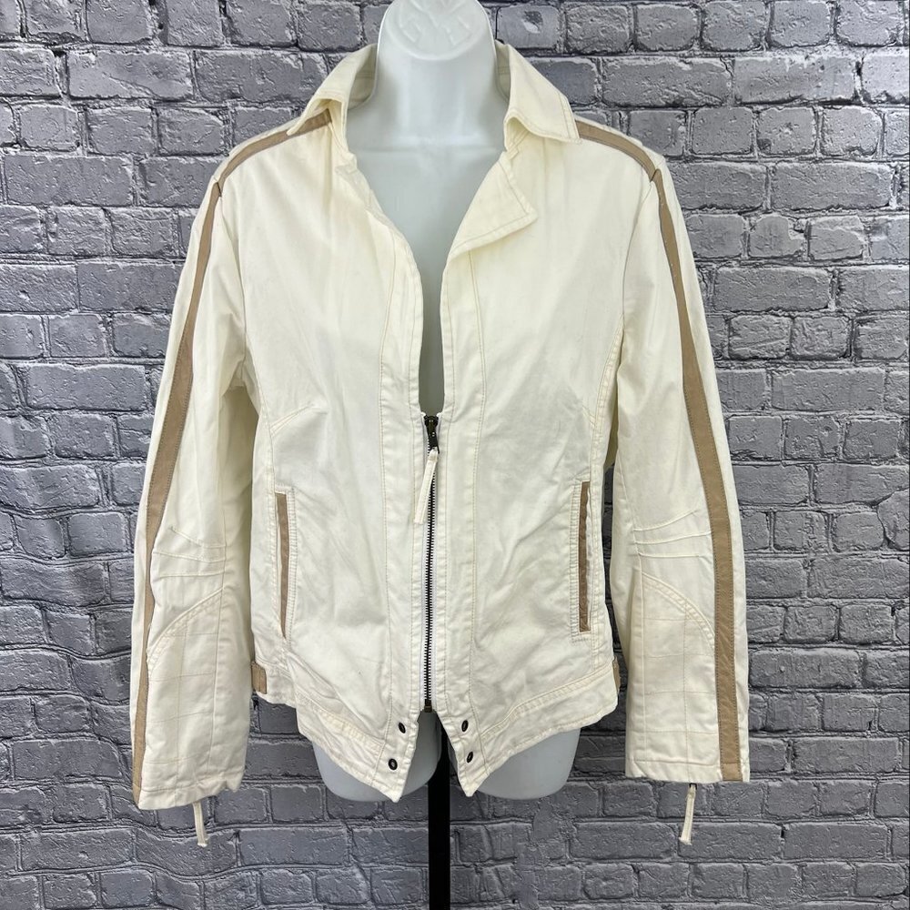 Oui Moments Beige Zip Front Leather Trimmed Jacket Size 10‎ NWT